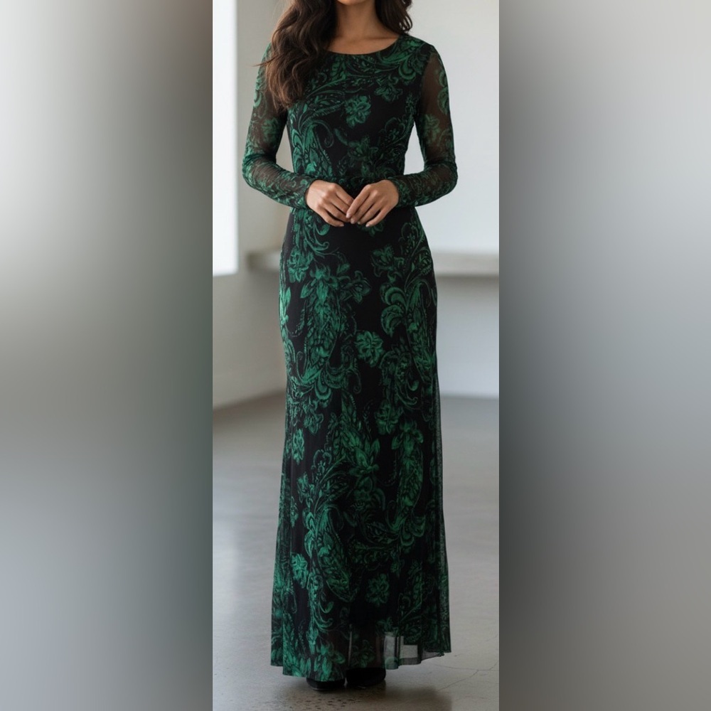 Connected Apparel Emerald Green & Black Fairy Garden Floral Evening Dres Size 6